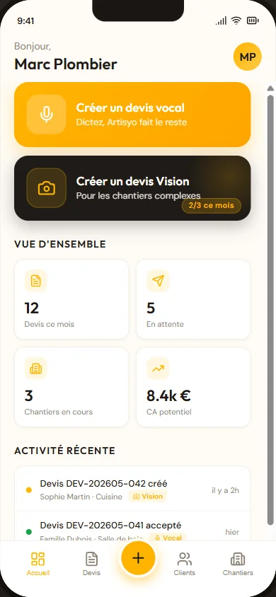 Tableau de bord mobile d'Artisyo : activité en un coup d'œil