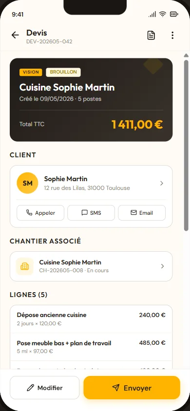 Détail d'un devis Artisyo prêt à envoyer